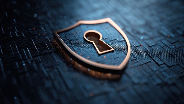 Golden shield icon with keyhole symbol representing secure access and cybersecurity strategy security protection encryption technology internet software authentication information