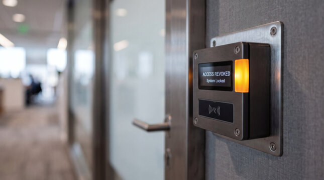Card reader on office wall displaying access revoked message