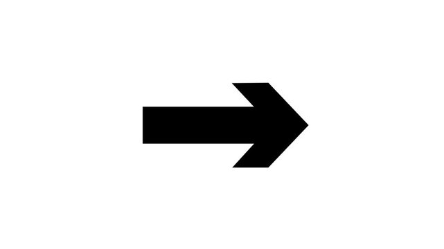 Right Arrow Icon Animation .Minimalist black arrow pointing rightwards animation isolated on white background for video transition navigation next page and motion graphics.