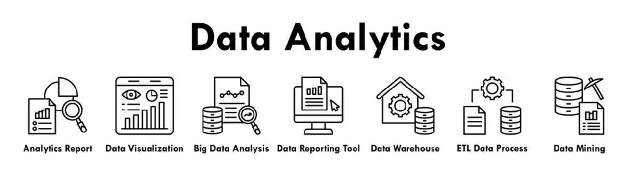 Data Analytics banner web icon illustration concept with icon of analytics report, visualization chart, big data analysis, reporting tool, warehouse, ETL process, and data mining