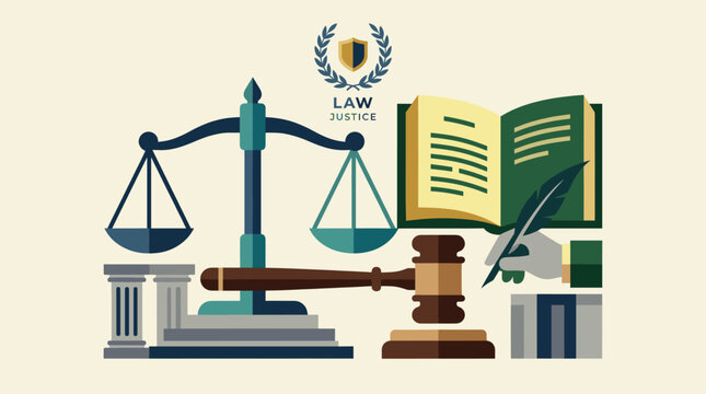 Legal justice illustration with scales gavel and law book.