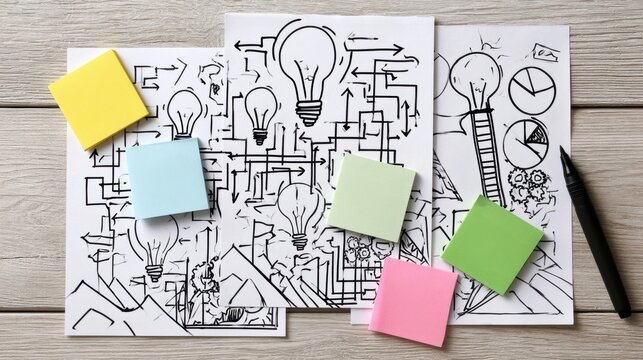 Creative business concept sketch with colorful sticky notes and diagrams on a wooden desk
