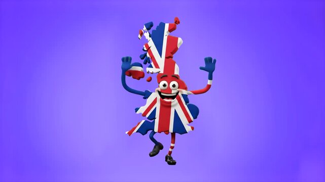 A vibrant 3D mascot shaped like the map of the United Kingdom with Union Jack colors performs a fun dance step against a purple backdrop. Excellent for geographic app interfaces, educational video int