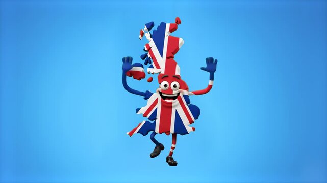 A friendly 3D character modeled as the map of Great Britain, textured with the Union Jack flag, dancing joyfully on a bright blue studio backdrop. Perfect for British geography lessons, UK travel prom