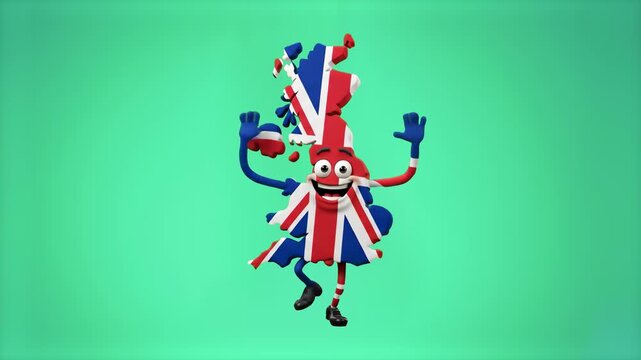 A friendly 3D cartoon map mascot of Great Britain wrapped in the UK Union Jack flag, dancing on a solid green chroma key studio background. Excellent for video editing, international travel commercial