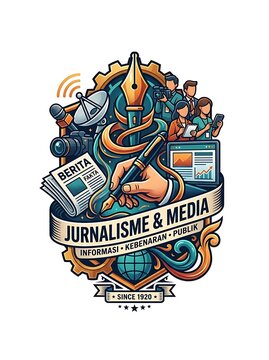 Journalism and media industry emblem with news reporting icons