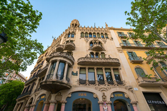 Barcelona, Spain - April 15, 2026: House Lleo Morera building facade exterior. It is the first modernisme residential building designed by architect Lluis Domenech i Montaner and built in 1902.
