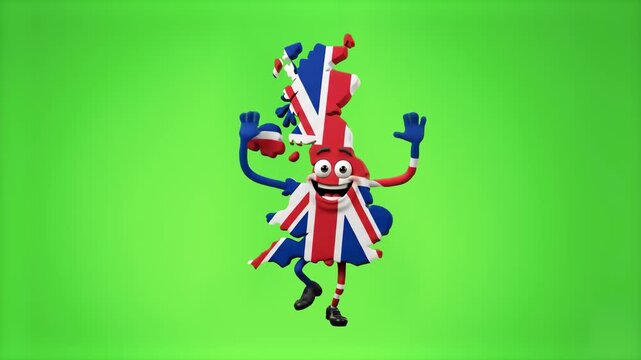 A cheerful 3D cartoon character formed in the shape of the UK map textured with the Union Jack flag. Perfect for British cultural projects, English learning content, and children's geography.
