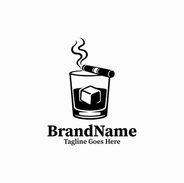 Black Image Vector Logo of Lit Cigar on Lowball Whiskey Glass Silhouette, Bourbon Drink Graphic Isolated on White Background