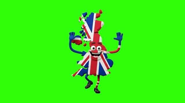 A cheerful 3D cartoon character formed in the shape of the UK map textured with the Union Jack flag. Perfect for British cultural projects, English learning content, and children's geography.