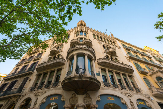 Barcelona, Spain - April 15, 2026: House Lleo Morera building facade exterior. It is the first modernisme residential building designed by architect Lluis Domenech i Montaner and built in 1902.