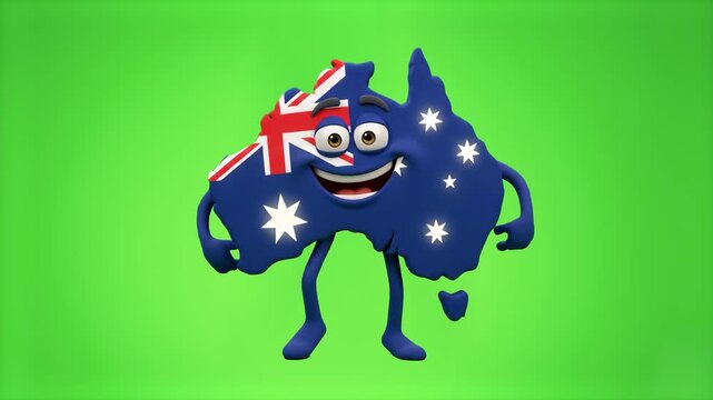 A lively 3D cartoon Australia map character rendered with the national flag, jumping in place against a green screen. Excellent for travel shows, international sports broadcasts, and educational anima