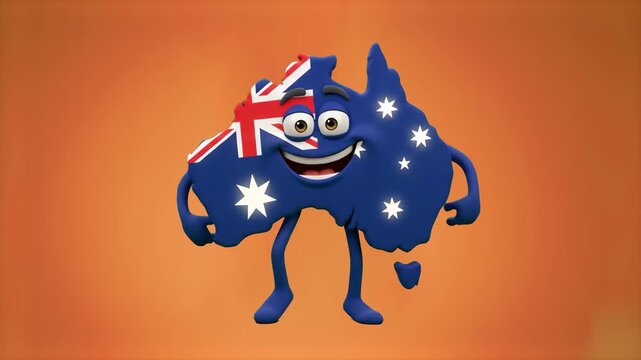 A cheerful 3D Australia map character styled with the national flag dancing happily on a vibrant orange background. Suitable for travel channel promotional videos, geography educational content, Austr