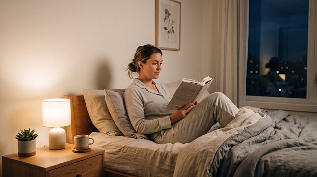 Woman reading a book in bed at night with city lights visible through the window