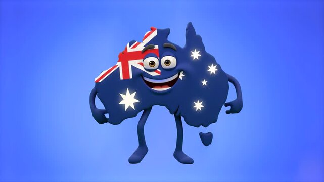 A friendly 3D Australia continent map character decorated with the national flag and Southern Cross dancing joyfully on a bright blue background. Perfect for Australian geography lessons, travel adver