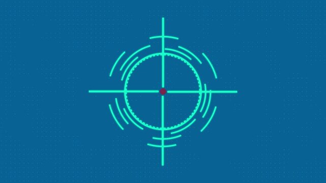 cyan cross hair targeting reticule with circular scale markings on black background aiming scope cross hair.4K video animation.