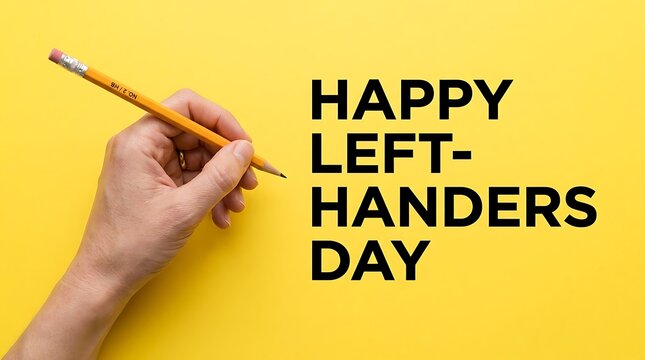 Happy Left-Handers Day greeting, person holding pencil with left hand on yellow background, international left handers day celebration concept