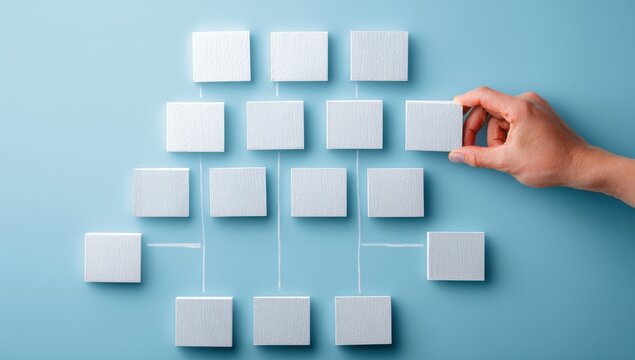 A hand placing white paper blocks into a structured hierarchical tree diagram organization chart on a light blue background with organization hierarchy business structure management