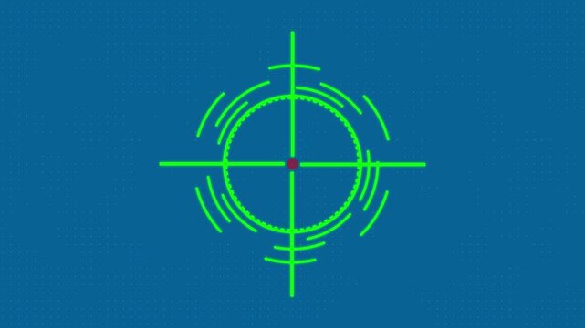 green cross hair targeting reticule with circular scale markings on black background aiming scope cross hair.4K video animation.