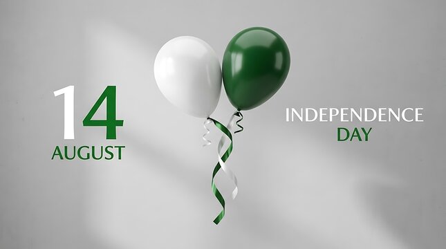 14 August Independence Day greeting with green and white balloons, national holiday celebration background, minimalist festive banner with ribbons