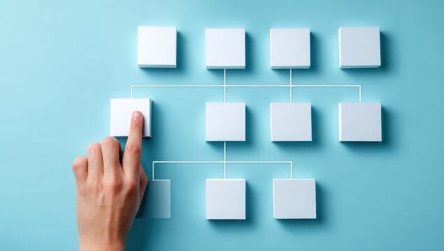 A hand pointing to a block in a business organizational chart tree diagram on a blue surface representing corporate structure with organization hierarchy business structure management
