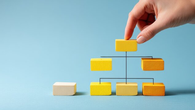 Hand placing yellow block on top of organizational hierarchy chart structure with hierarchy structure business management strategy organization planning development leadership