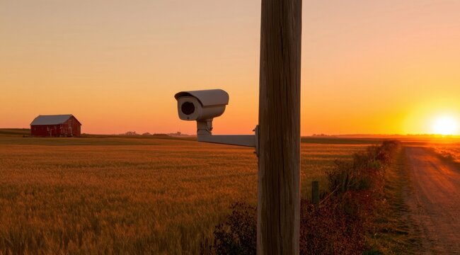 Security camera mounted on a pole overlooking a golden wheat field at sunset with a red barn in the distance