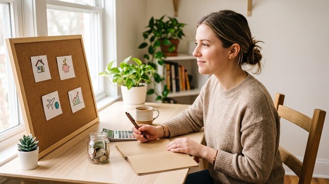 Woman planning finances and future goals at a desk with corkboard