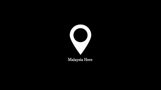 Minimalist malaysia here map pin motion graphic animation with text on black background, looping location marker symbol for travel, tourism, destination, and navigation concept.4k stock Video