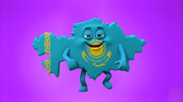A happy 3D mascot shaped like the map of Kazakhstan with its sky-blue national flag and golden sun design dances merrily against a vibrant purple studio background. Ideal for Central Asian geography l