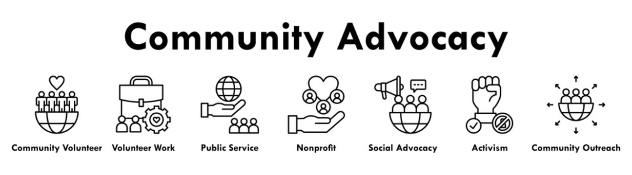 Community Advocacy banner web icon illustration concept with icon of community volunteer, volunteer work, public service, nonprofit organization, social advocacy, activism, and community outreach