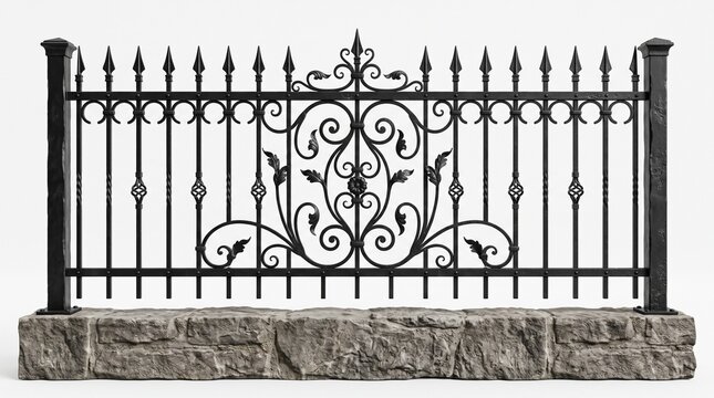An ornate black wrought iron fence with intricate scrolling detail sits atop a rough stone foundation, showcasing classic craftsmanship and timeless elegance.