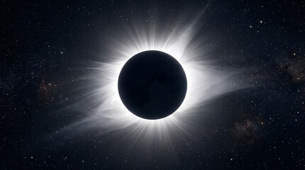 Obraz premium A breathtaking solar eclipse engulfs the sky in darkness, revealing the sun's ethereal corona in a stunning cosmic spectacle that fills the universe with radiant light and cosmic dust.