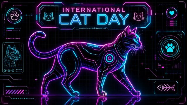 International Cat Day futuristic neon cyber cat glowing digital illustration AI generated