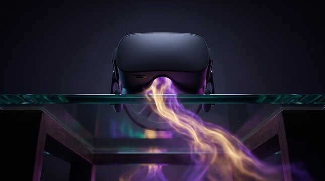 VR headset on glass table emitting magical gold and purple smoke energy concept 3D render