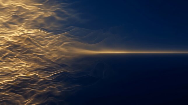Abstract golden waves flowing into a dark blue horizon