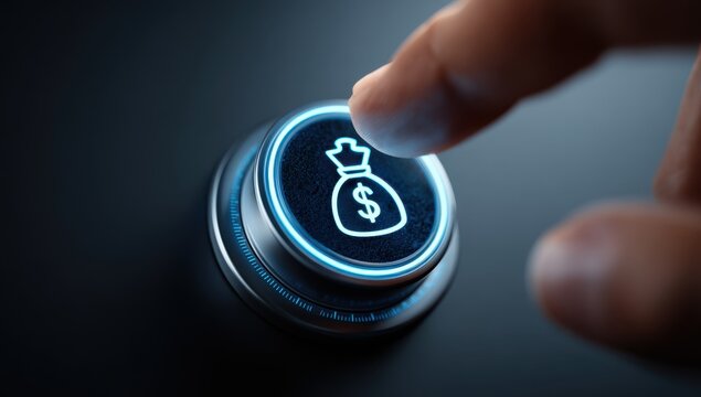 A finger activating a metallic glowing button with a money bag symbol for financial transactions financial investment metallic technology business transaction innovation security