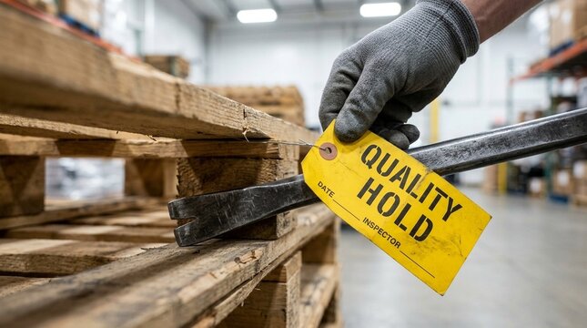 Supporting a Heavy Pallet with a Pry Bar While Checking Its Quality Hold Tag