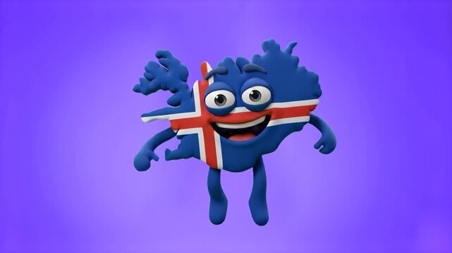 A cheerful 3D Iceland country map character decorated with the Icelandic flag dancing joyfully on a vibrant purple background. Perfect for European geography lessons, Nordic travel channel promos, cul