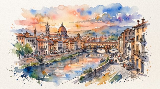 Watercolor painting of florence cityscape with duomo and arno river at golden sunset, florence