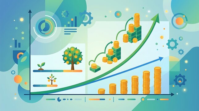 Financial growth chart with rising arrows and stacks of gold coins