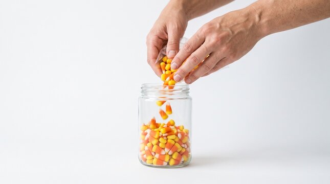 Hands pouring candy corn into a glass jar on a white background