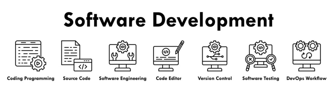 Software Development banner web icon illustration concept with icon of coding programming, source code, software engineering, code editor, version control, software testing, and DevOps workflow