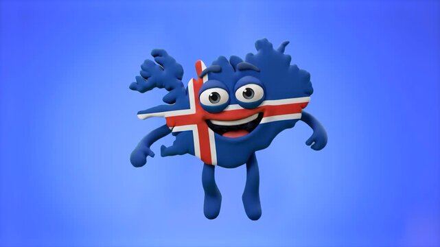 A cheerful 3D animated character shaped like the map of Iceland, textured with the Icelandic flag, dancing on a solid blue chroma key background. Perfect for educational videos, travel promotions, geo