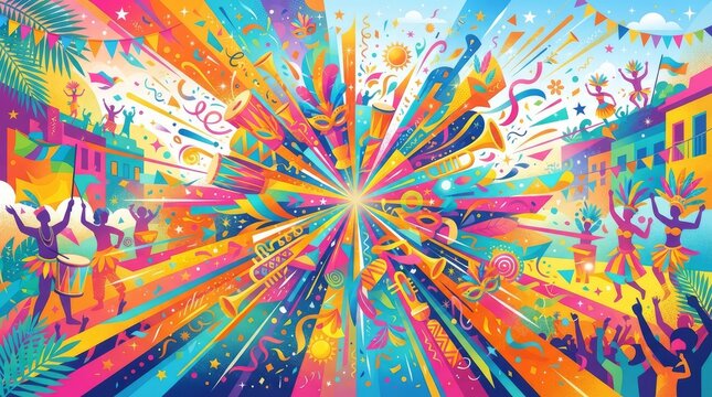Colorful street carnival parade explosion festive celebration scene with carnival, festival