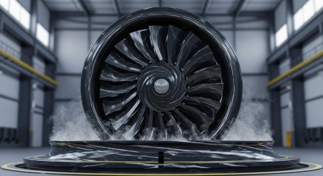 A dark onyx steam turbine features intricate spiraling blades made of swirling black vapor and smoke inside a futuristic industrial hall, engine, abstract, glossy