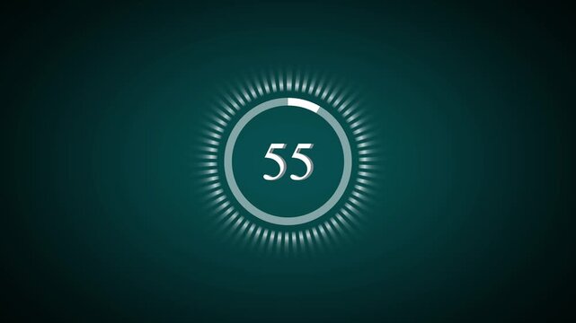 Countdown timer from sixty to one on dark teal background with circular progress bar and glowing radial lines creates dynamic visual for waiting periods or timed event video.