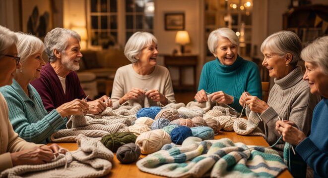 Elderly women knitting together in a cozy living room setting