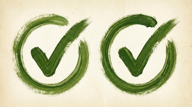 Two green brush stroke checkmarks on textured paper background.