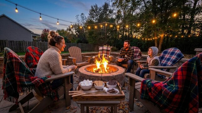 Friends gathered around outdoor fire pit at night.